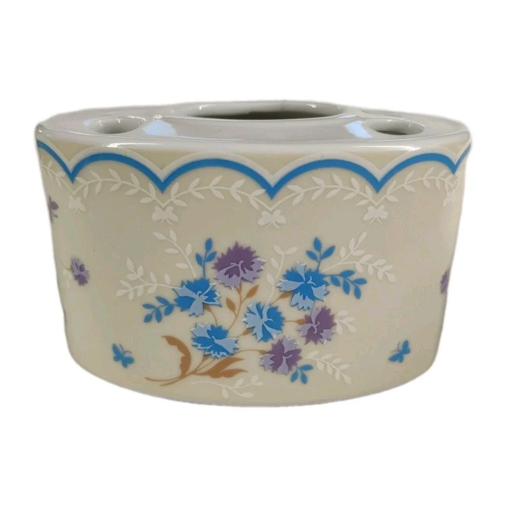 Vintage Royal Ames Japan Porcelain Toothbrush Holder‎ Flowers Butterflies Blue